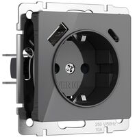 Розетка с заземлением, шторками и USB тип A+C (графит акрил) / W1171744