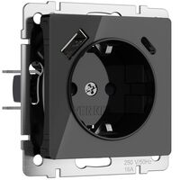 Розетка с заземлением, шторками и USB тип A+C (черный акрил) / W1171748