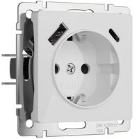 Розетка с заземлением, шторками и USB тип A+C (белый акрил) / W1171741