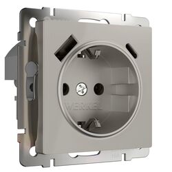 Розетка с заземлением, шторками и USB тип A+C (дымчатый) / Werkel W1271704